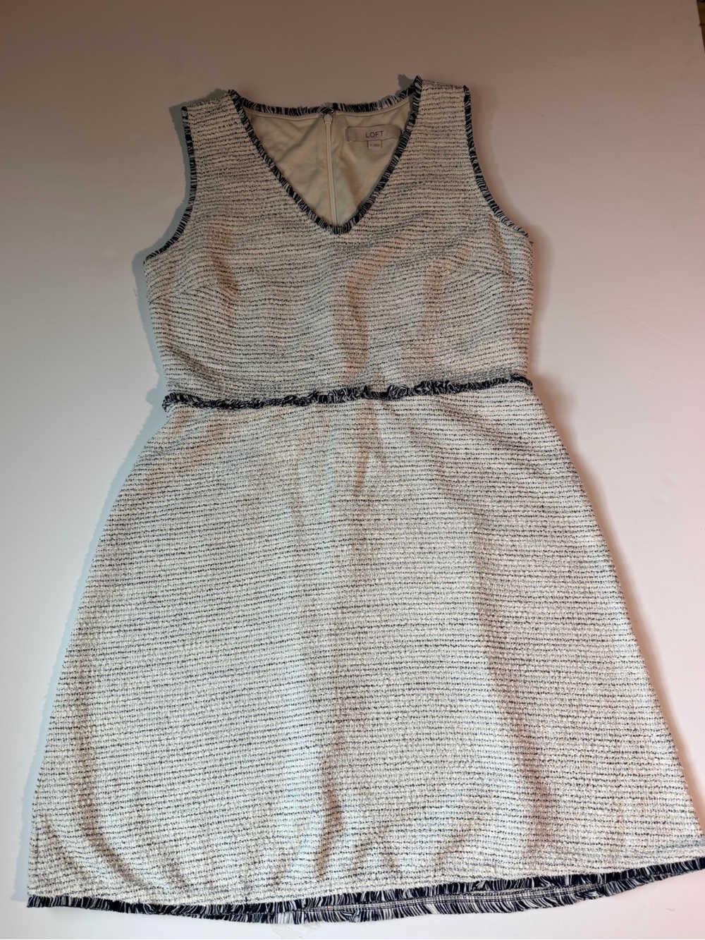LOFT Ivory Tweed V-Neck Dress with Black Trim